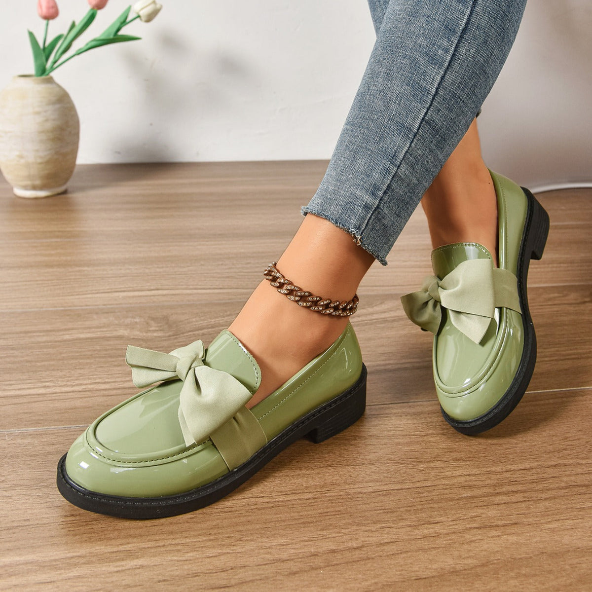 Mocassins Femme en Cuir Verni à Nœud - Chaussures à Enfiler