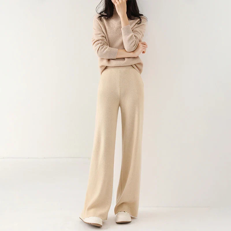 Pantalon Femme Taille Haute Jambe Large en Laine Mérinos