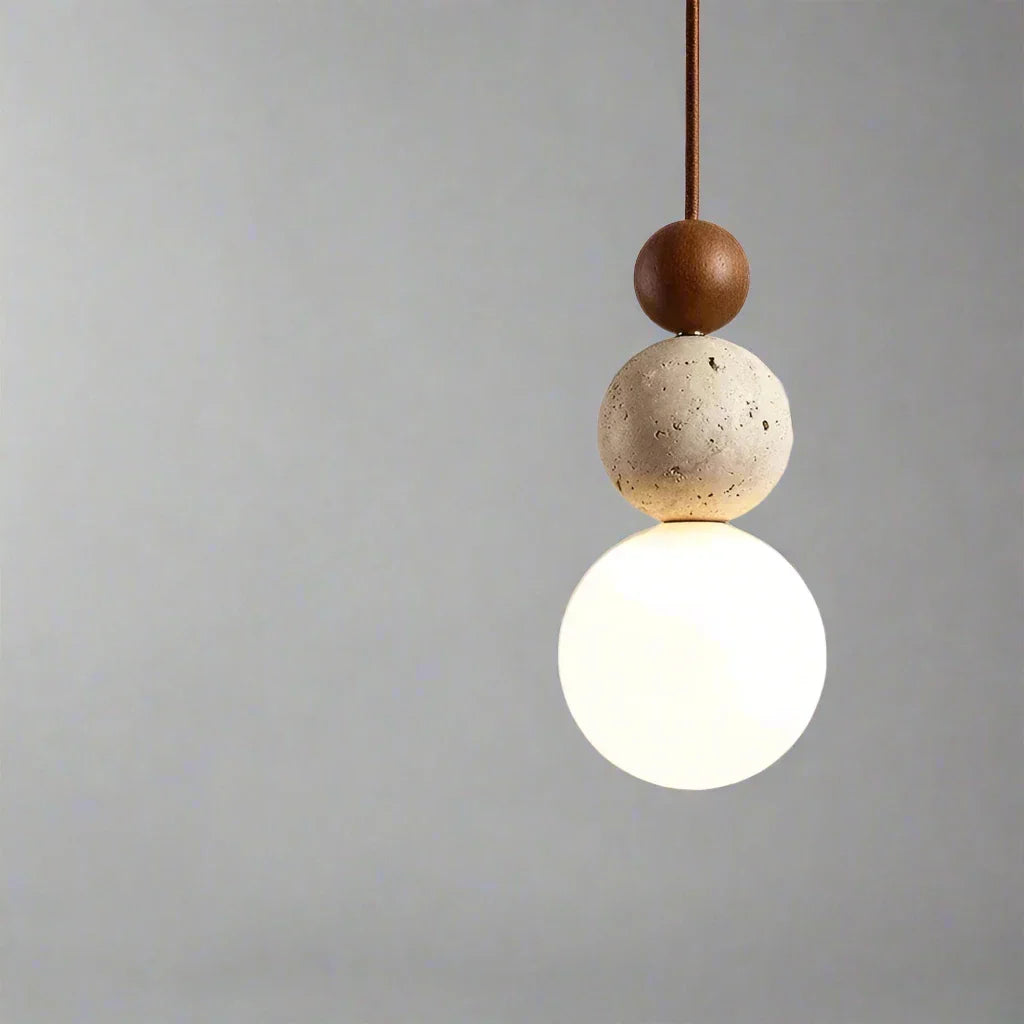 Suspension Luminaire Boule Minimaliste en Travertin, Verre et Bois