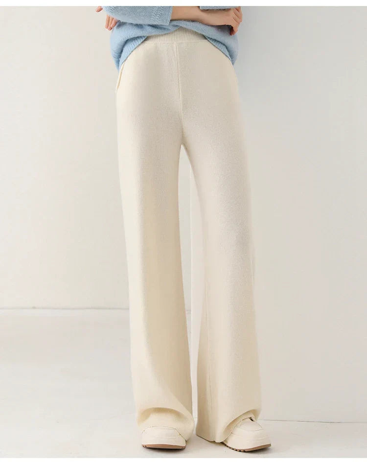 Pantalon Femme Taille Haute Jambe Large en Laine Mérinos