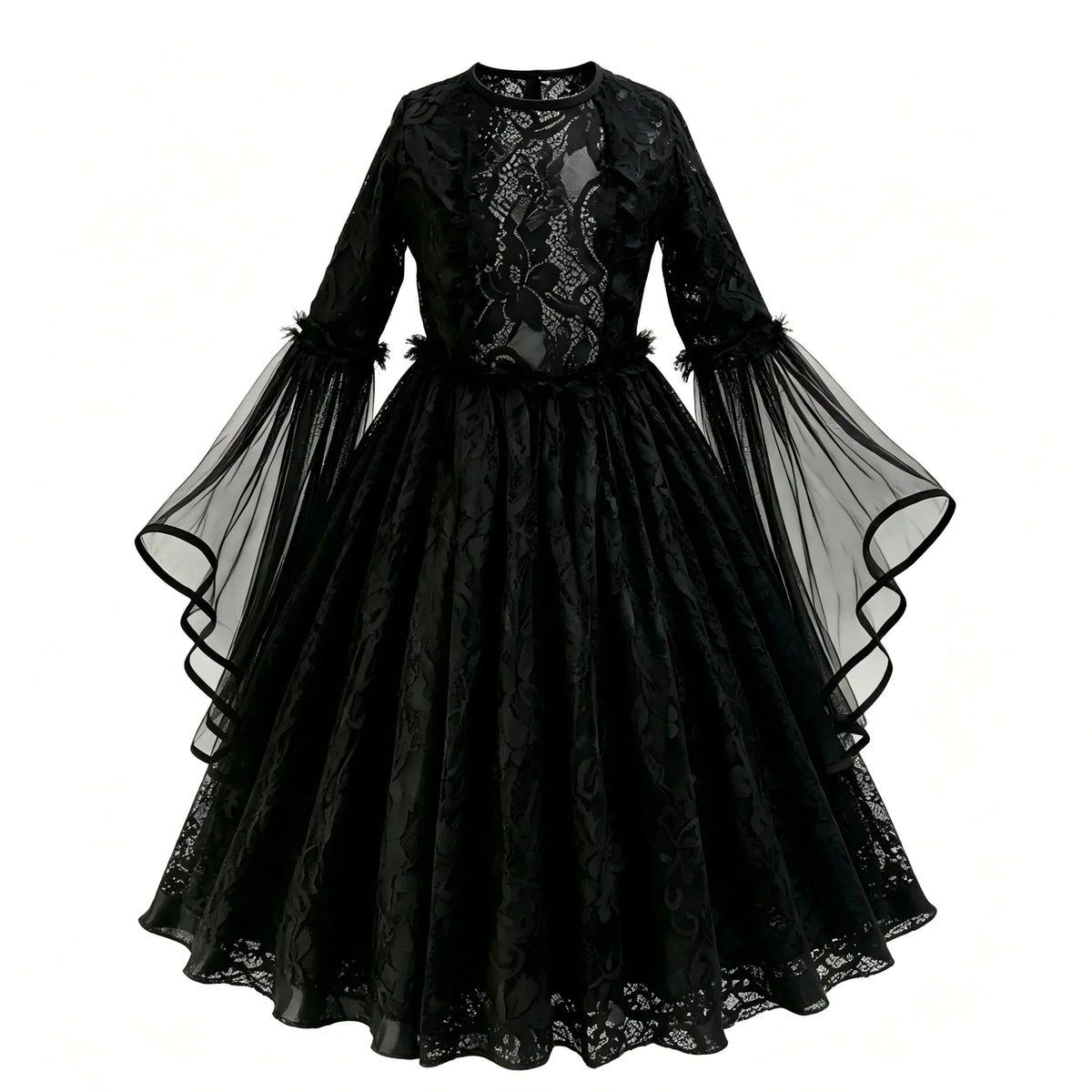 Fillette portant le déguisement de mariée fantôme gothique, robe en dentelle noire ornée de roses