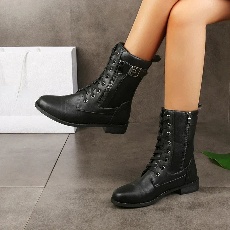 Bottines Femme à Lacets en Cuir, Tige Mi-Mollet