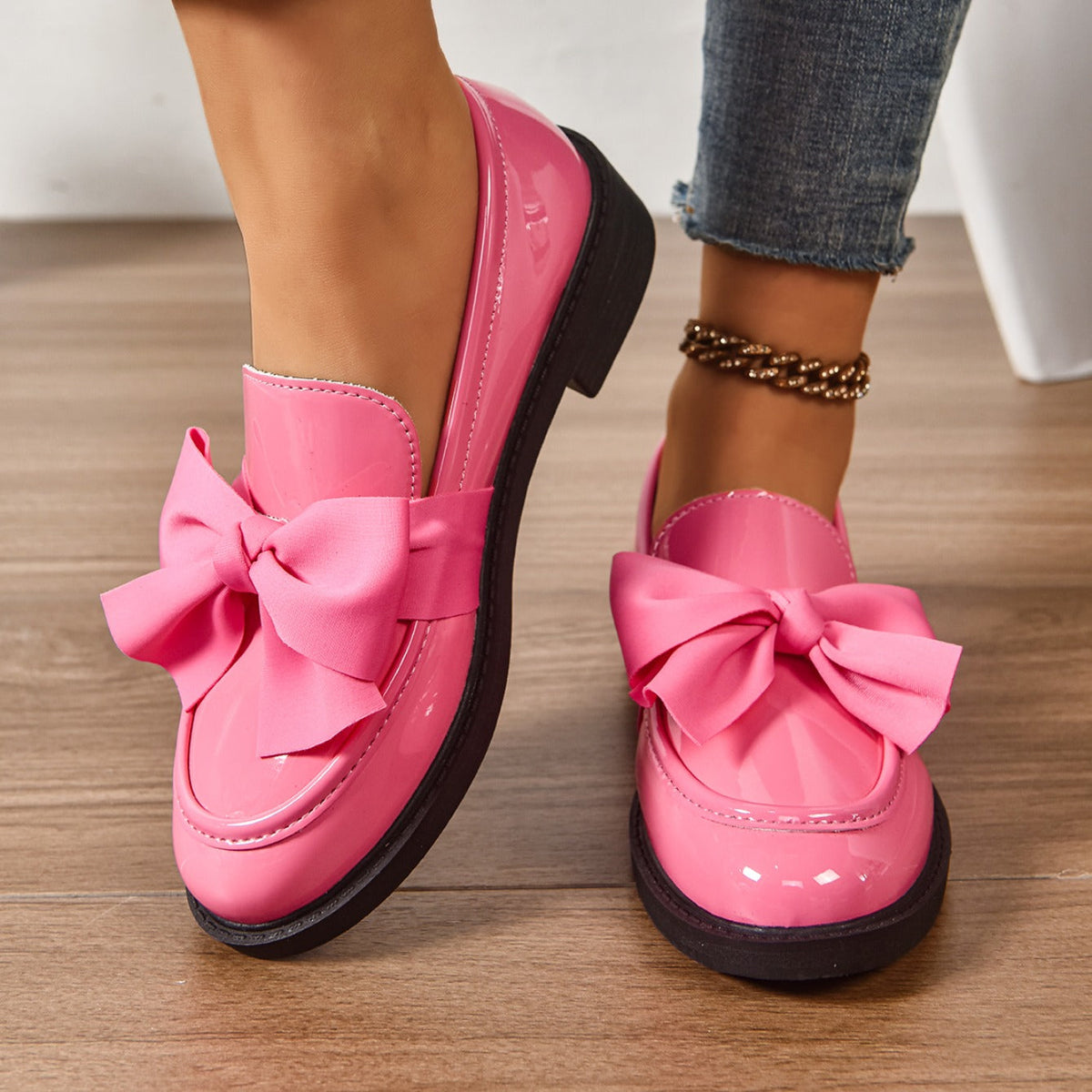 Mocassins Femme en Cuir Verni à Nœud - Chaussures à Enfiler