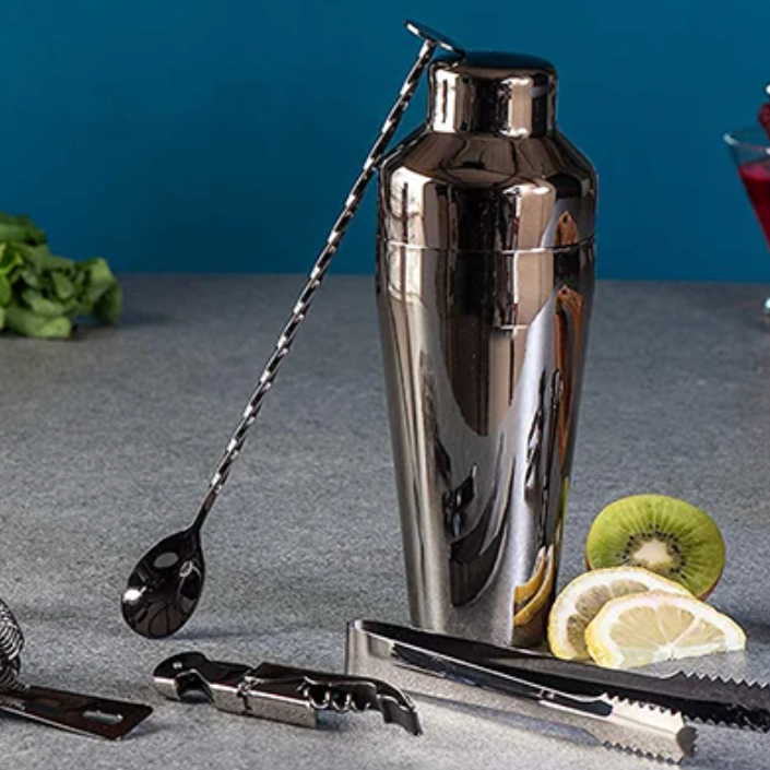Set à Cocktail en Acier Inoxydable avec Support en Bambou