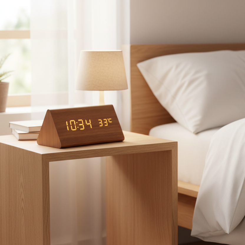 LED Wooden Clock – Natural Wood Finish, Elegant, and Voice-Controlled for the Living Room or Bedroom