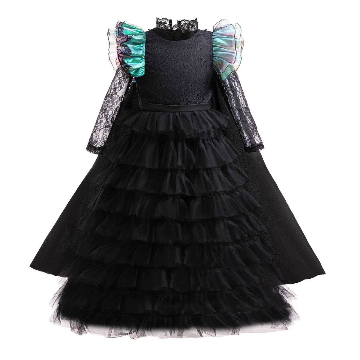 Girls emerald witch costume dress only, black lace ball gown