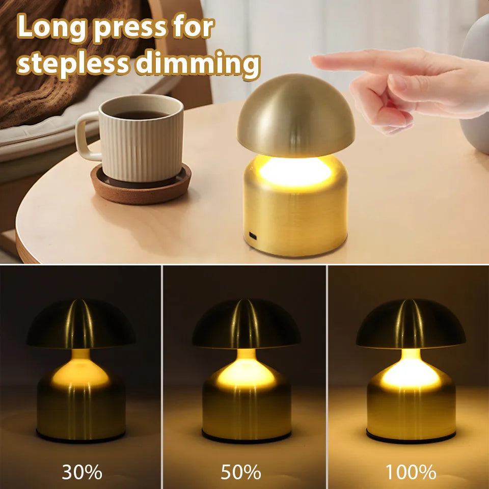 Lampe de table rechargeable – Forme champignon rétro, finition métallique pour salon ou chambre