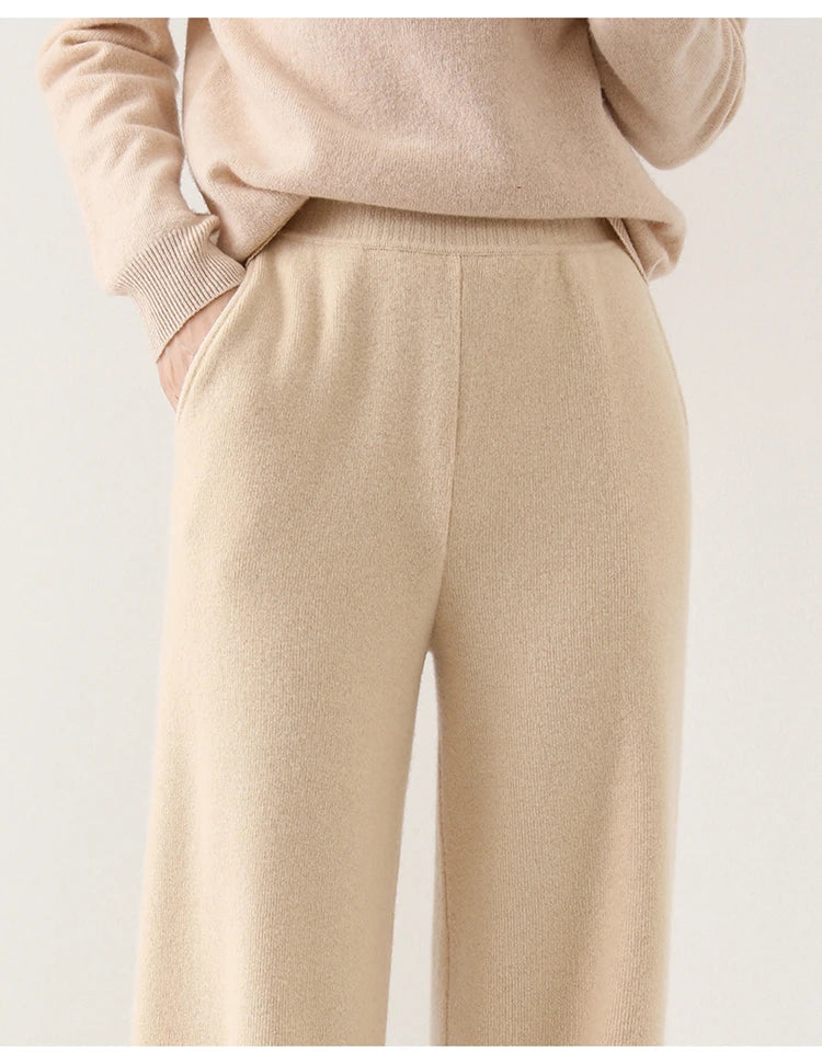 Pantalon Femme Taille Haute Jambe Large en Laine Mérinos