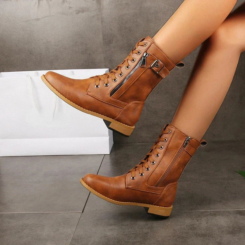Bottines Femme à Lacets en Cuir, Tige Mi-Mollet