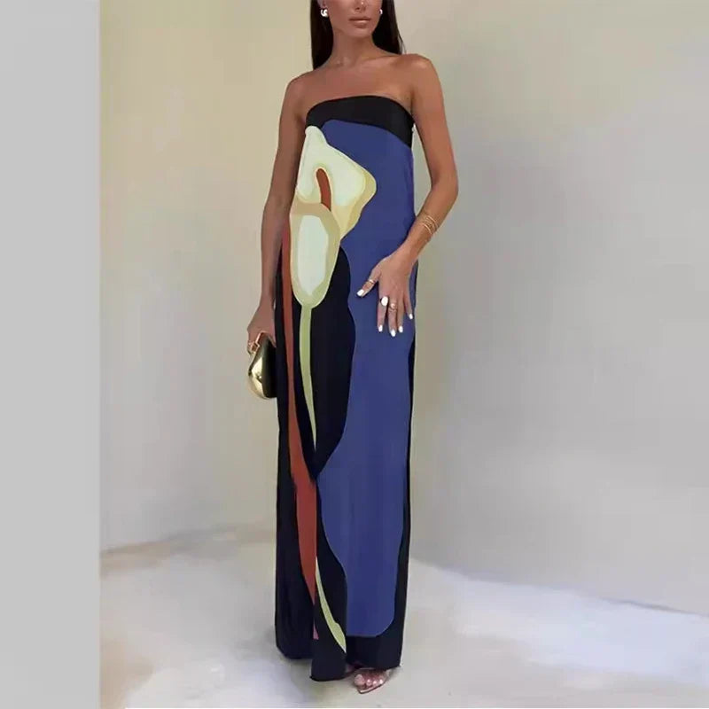 Robe Femme Maxi Bustier à Imprimé Color Block