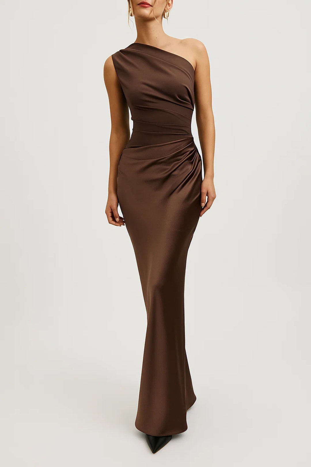 Robe Maxi Femme Asymétrique à Taille Plissée, Coupe Ajustée