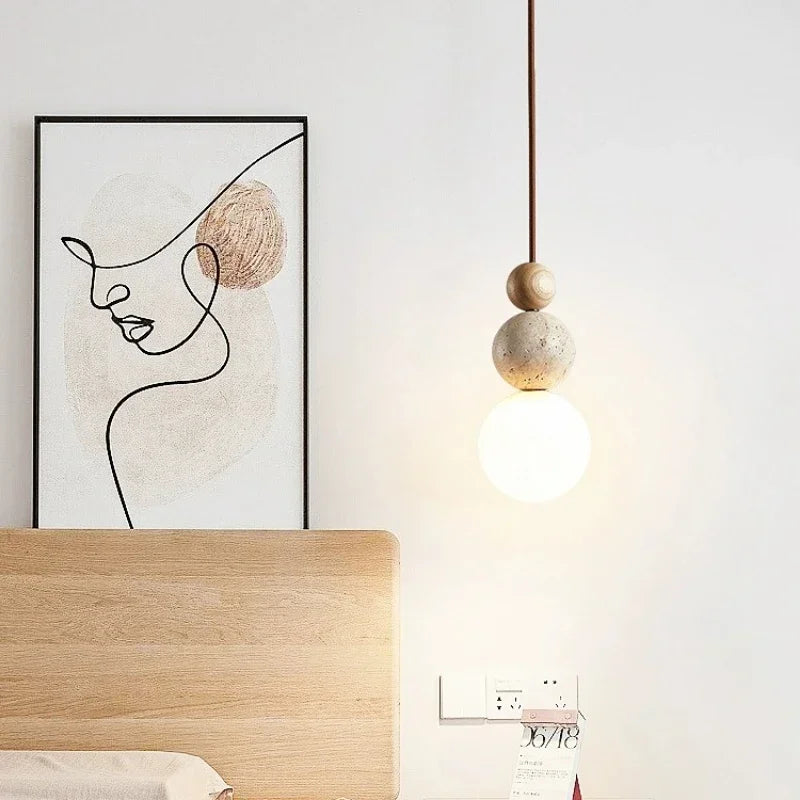 Suspension Luminaire Boule Minimaliste en Travertin, Verre et Bois