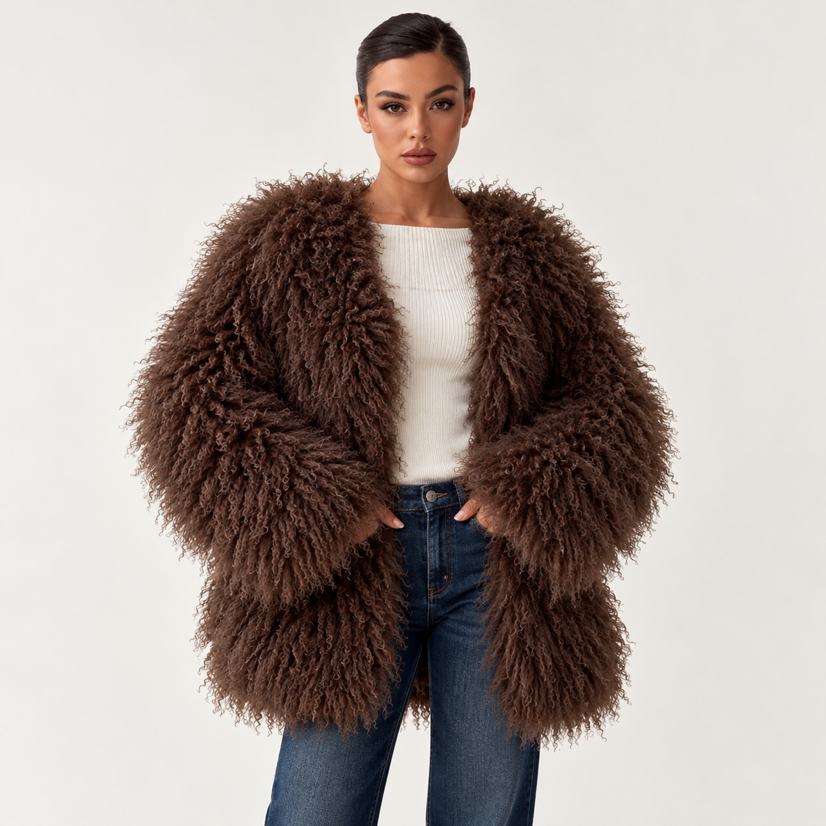 Women's Long Faux Fur Jacket with Long Pile, Loose-Fitting, Open-Front Style