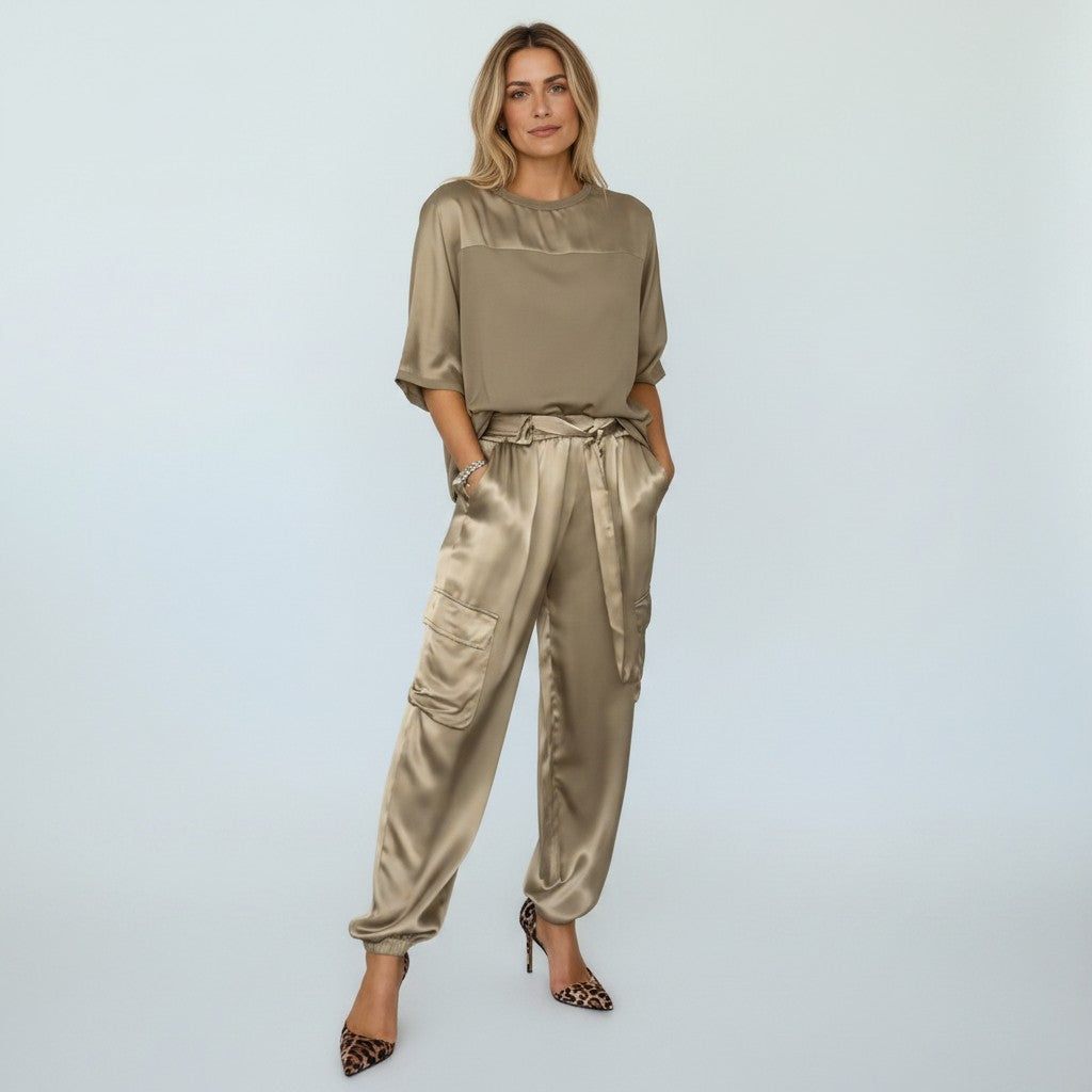 Ensemble Deux Pièces Femme, Haut Manches Courtes et Pantalon Taille Élastique