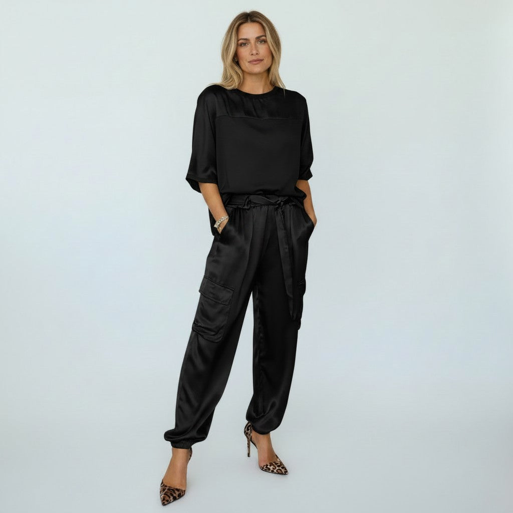 Ensemble Deux Pièces Femme, Haut Manches Courtes et Pantalon Taille Élastique