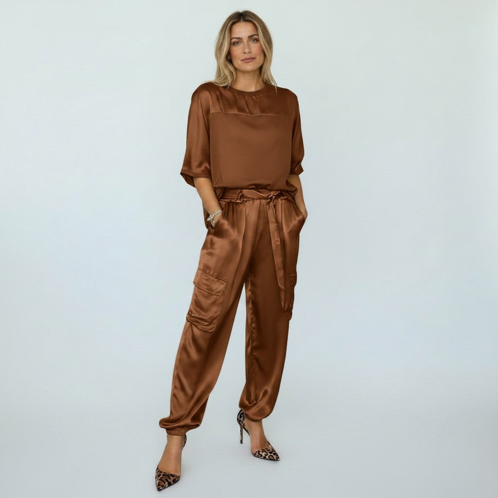 Ensemble Deux Pièces Femme, Haut Manches Courtes et Pantalon Taille Élastique