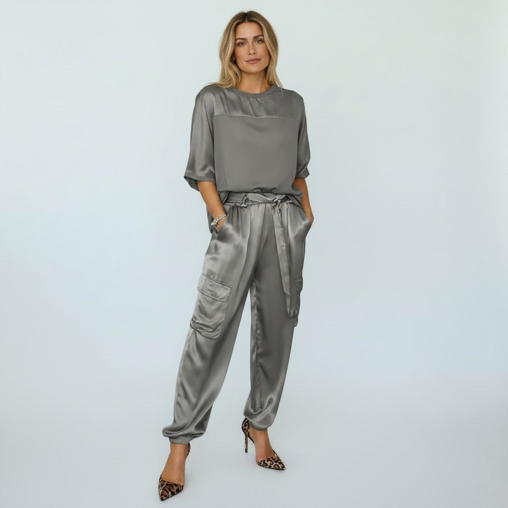Ensemble Deux Pièces Femme, Haut Manches Courtes et Pantalon Taille Élastique
