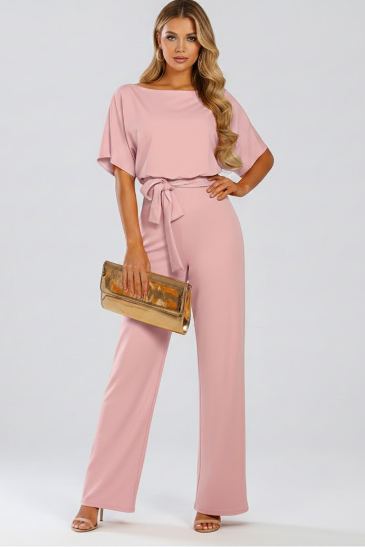 Combinaison Femme Ceinturée à Jambes Larges, Col Rond