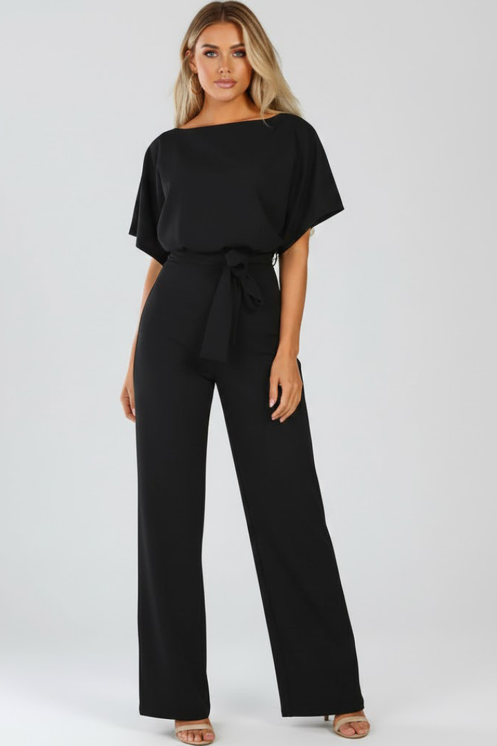Combinaison Femme Ceinturée à Jambes Larges, Col Rond