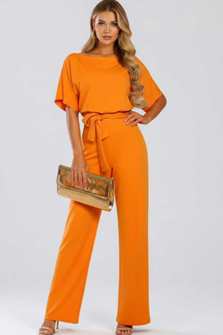 Combinaison Femme Ceinturée à Jambes Larges, Col Rond