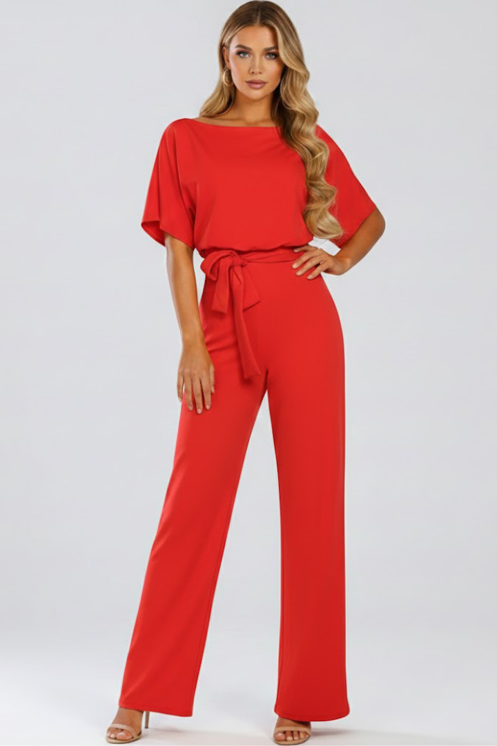 Combinaison Femme Ceinturée à Jambes Larges, Col Rond