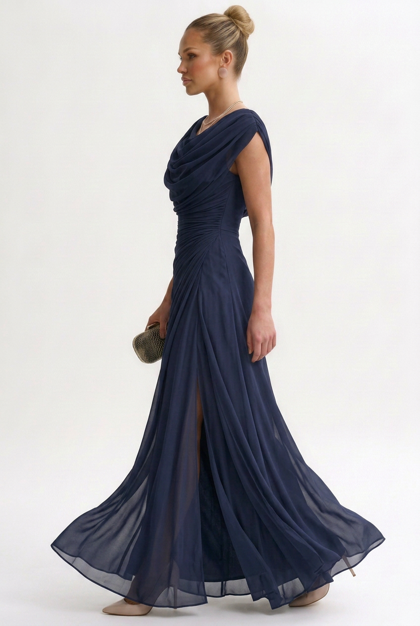 Robe Longue Femme Polyester Fluide à Col Rond