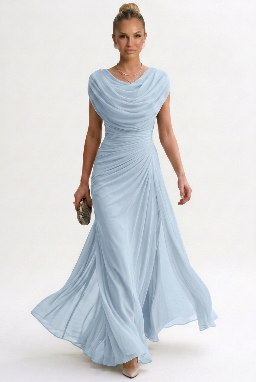 Robe Longue Femme Polyester Fluide à Col Rond