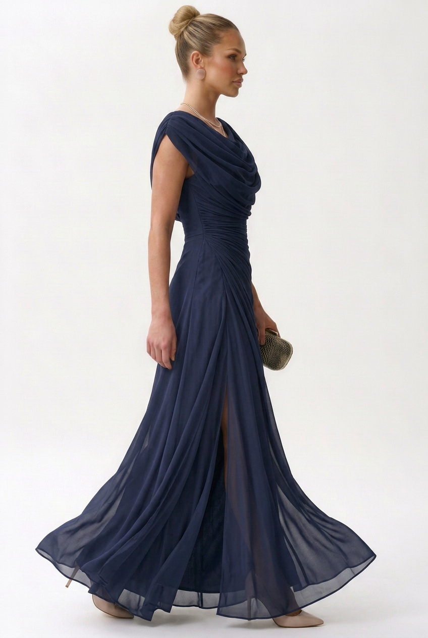 Robe Longue Femme Polyester Fluide à Col Rond