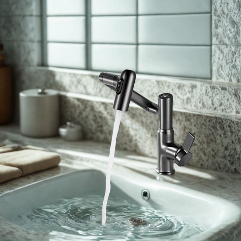 Kitchen Faucet – Stainless Steel with Chrome Finish, 360° Swivel, Height-Adjustable, and Temperature Display