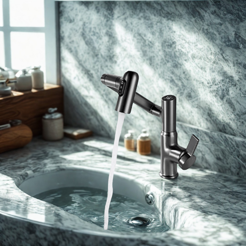 Kitchen Faucet – Stainless Steel with Chrome Finish, 360° Swivel, Height-Adjustable, and Temperature Display