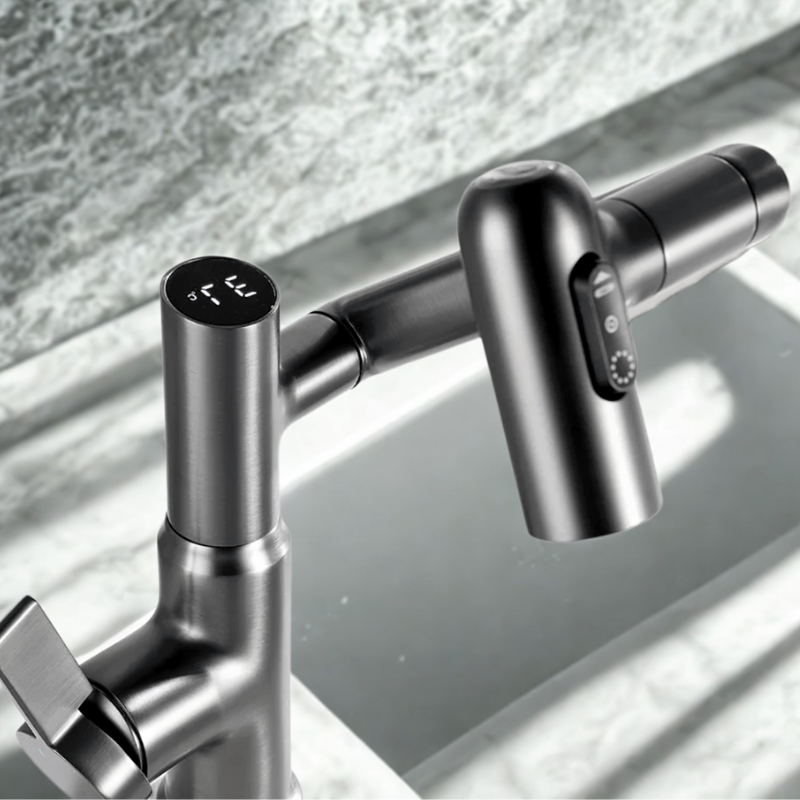 Kitchen Faucet – Stainless Steel with Chrome Finish, 360° Swivel, Height-Adjustable, and Temperature Display