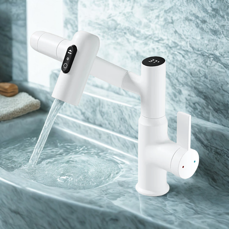 Kitchen Faucet – Stainless Steel with Chrome Finish, 360° Swivel, Height-Adjustable, and Temperature Display