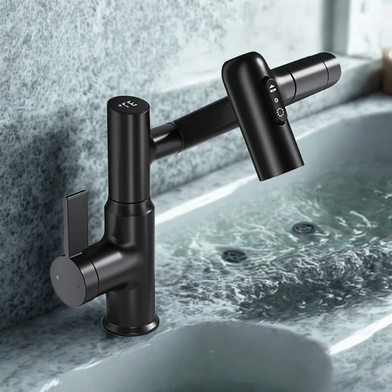 Kitchen Faucet – Stainless Steel with Chrome Finish, 360° Swivel, Height-Adjustable, and Temperature Display