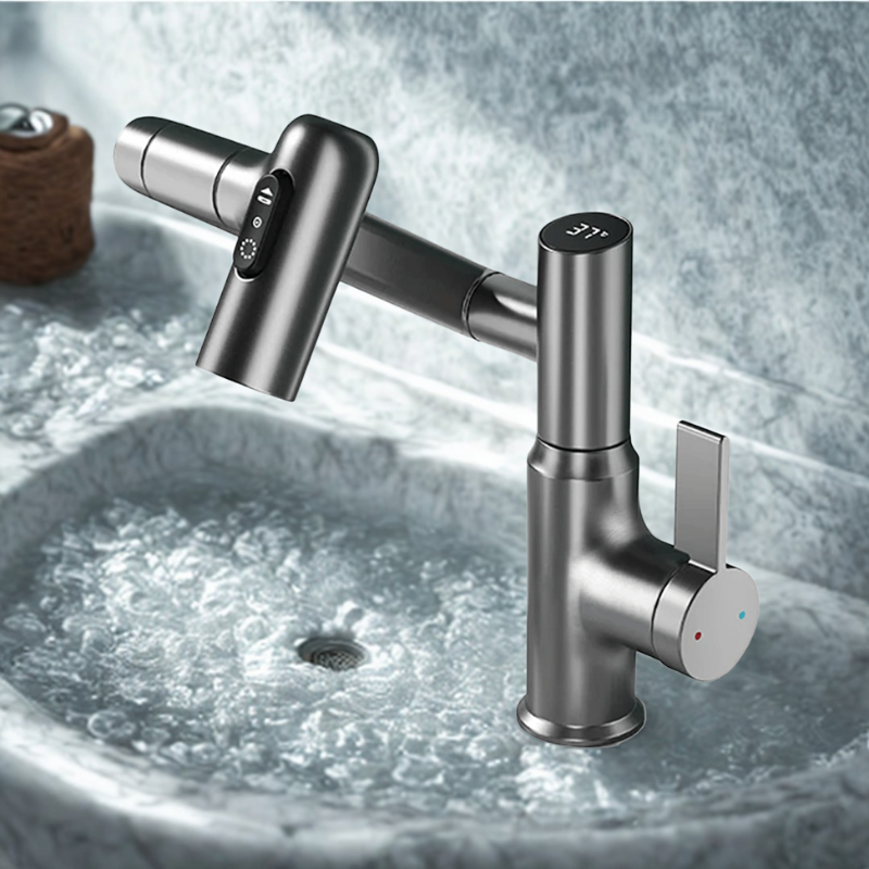 Kitchen Faucet – Stainless Steel with Chrome Finish, 360° Swivel, Height-Adjustable, and Temperature Display