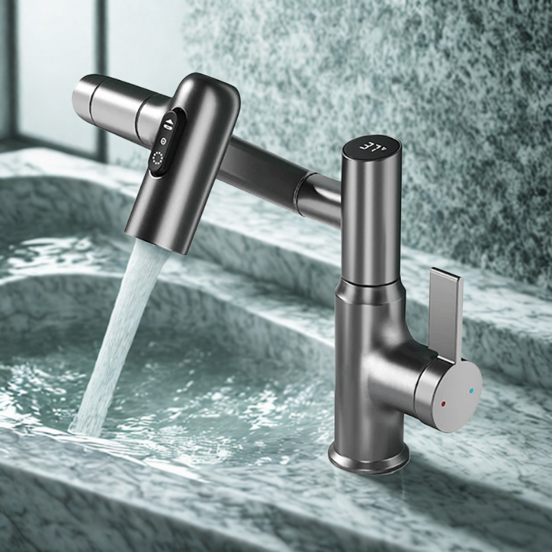 Kitchen Faucet – Stainless Steel with Chrome Finish, 360° Swivel, Height-Adjustable, and Temperature Display