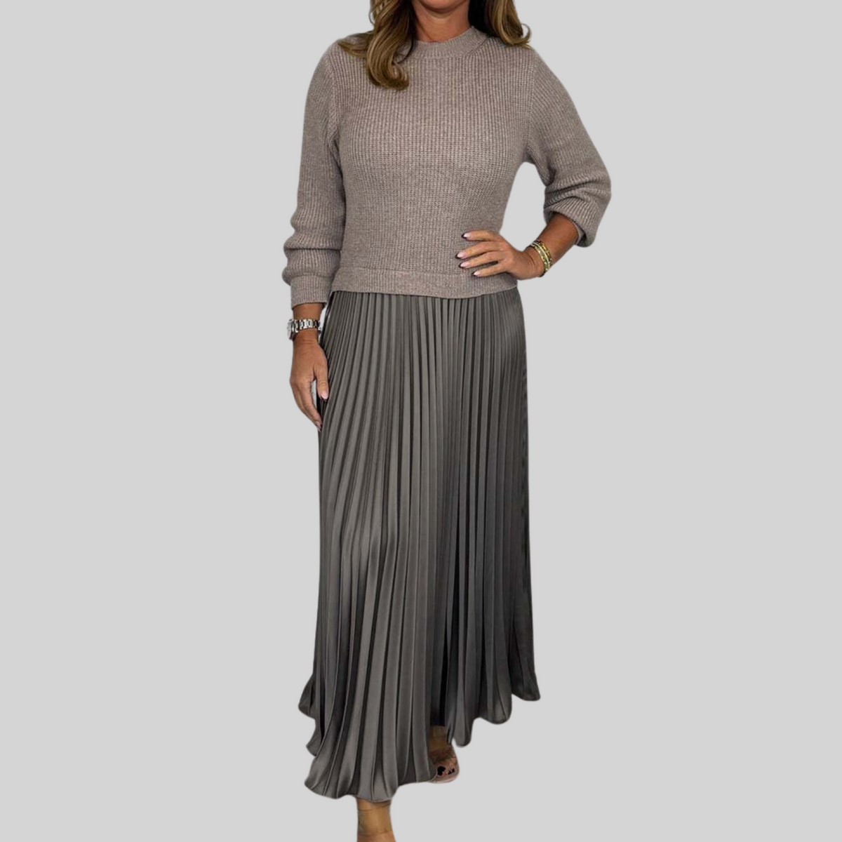 Robe Mi-Longue Femme en Maille et Jupe Plissée