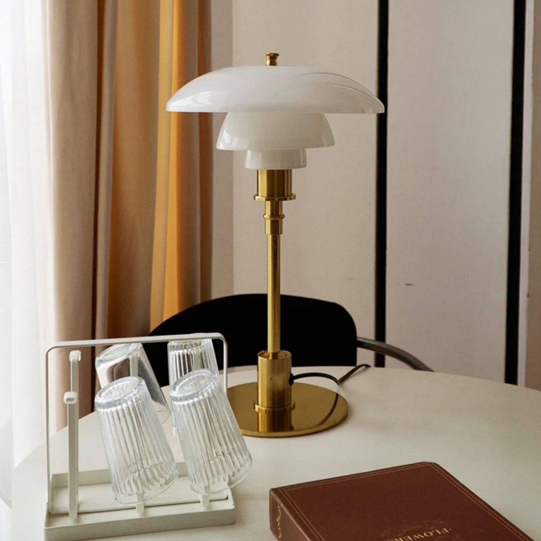 Scandinavian Table Lamp – White/Gold Glass, Modern Design for the Living Room or Bedroom