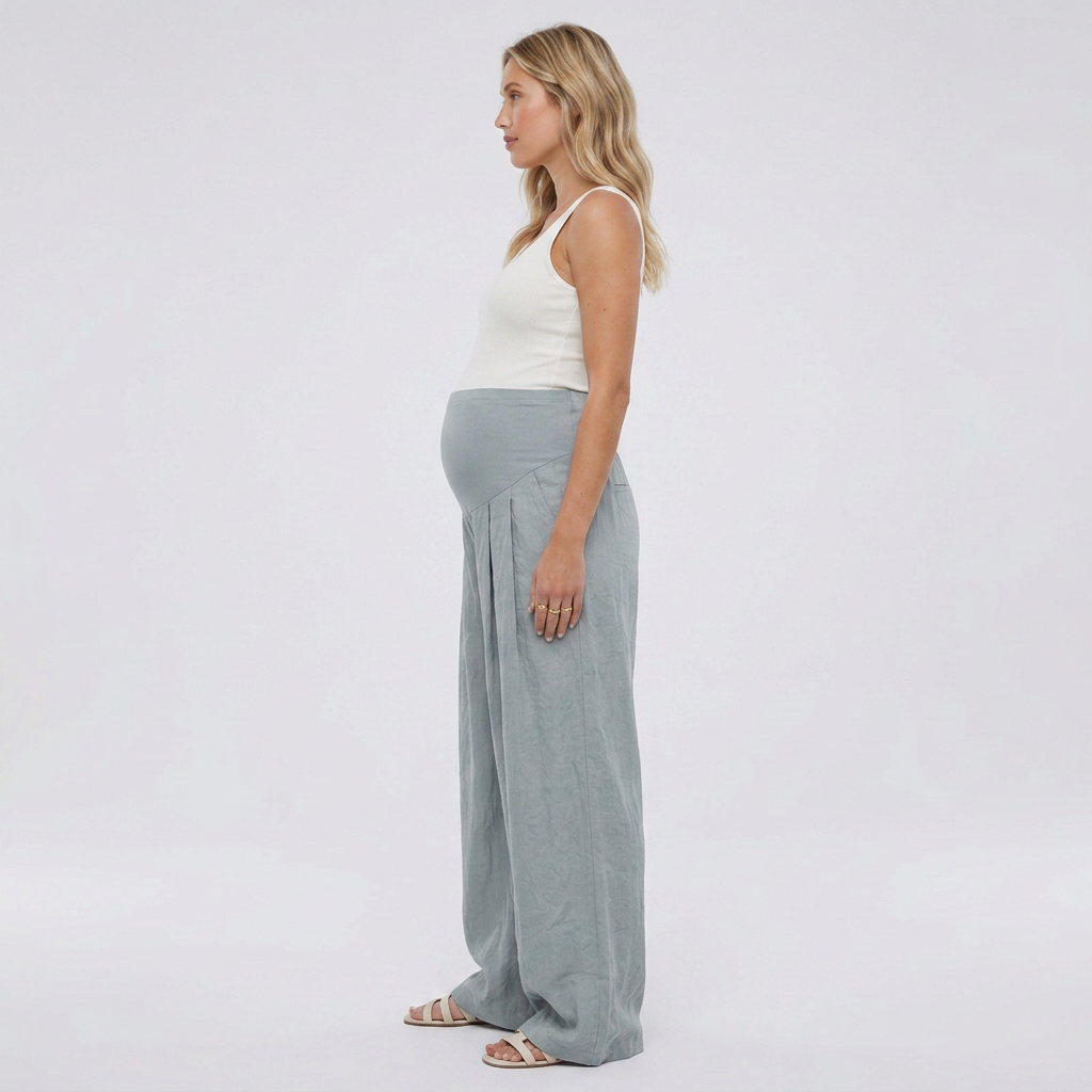 Pantalon de Grossesse Bande Haute Ventre et Jambes Plissées pour le Bureau