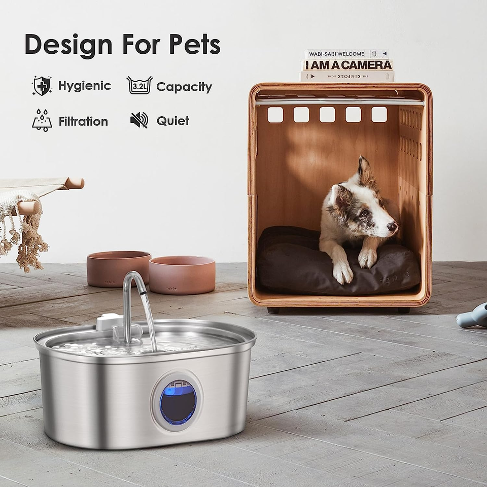 RVS-waterfontein voor huisdieren – 3,2 liter, zilverkleurig met waterpeilvenster voor katten en honden