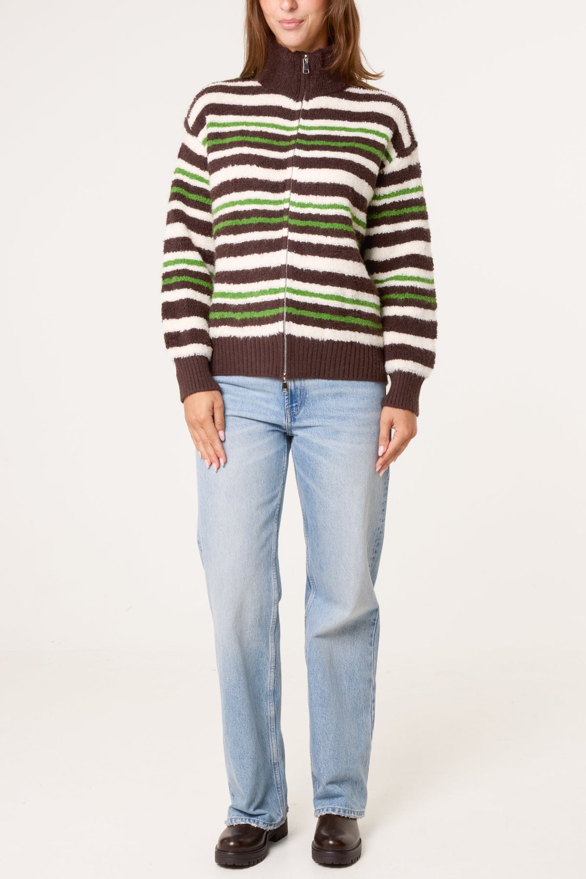 Pull Femme Rayé Zippé Col Montant en Maille