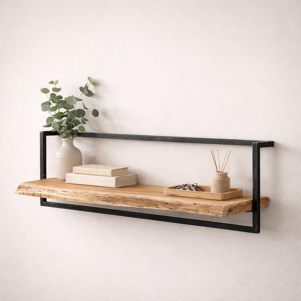 Wall shelf – Solid acacia wood with a vintage steel frame for the living room or entryway