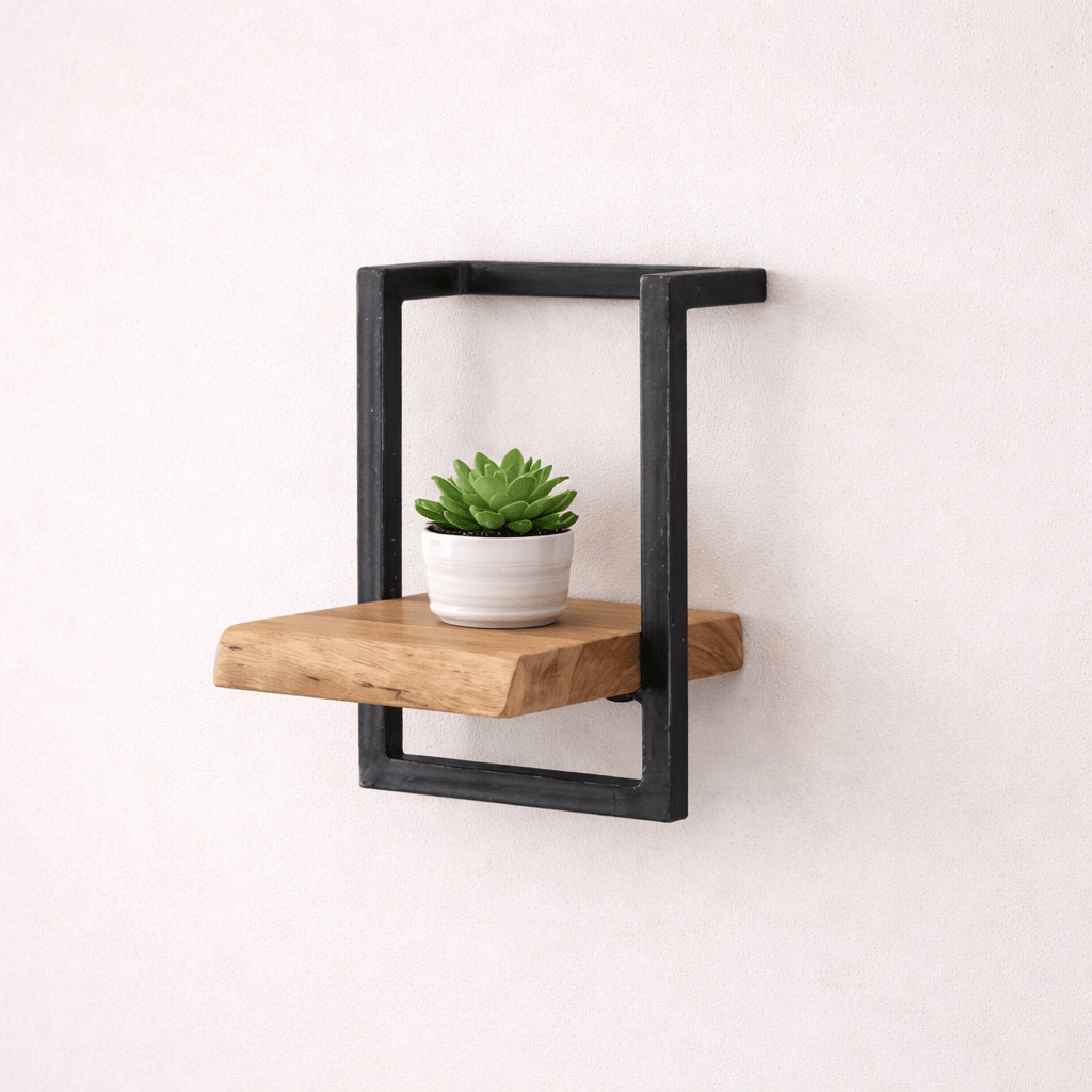 Wandplank – Massief acaciahout met vintage stalen frame voor de woonkamer of hal