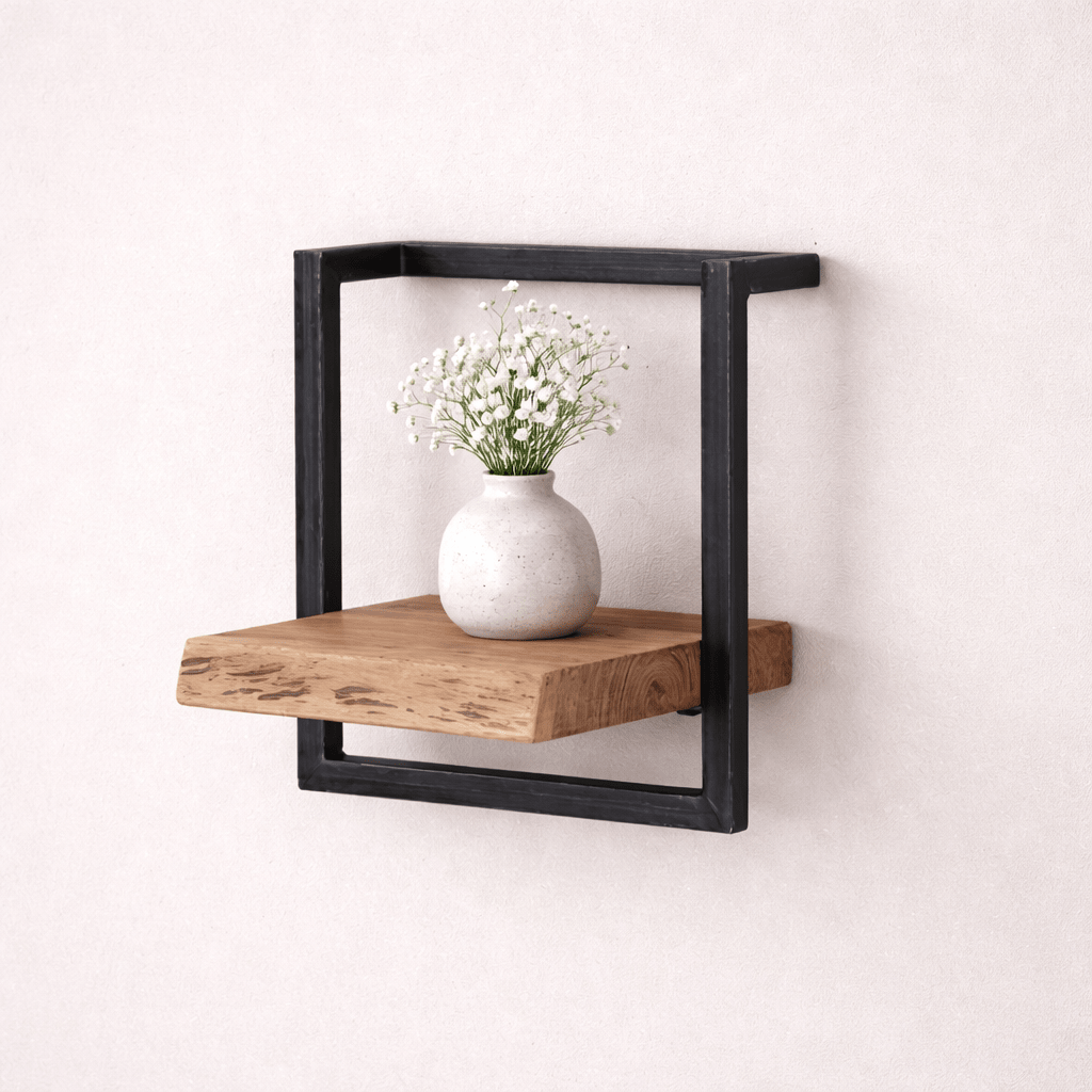 Wandplank – Massief acaciahout met vintage stalen frame voor de woonkamer of hal