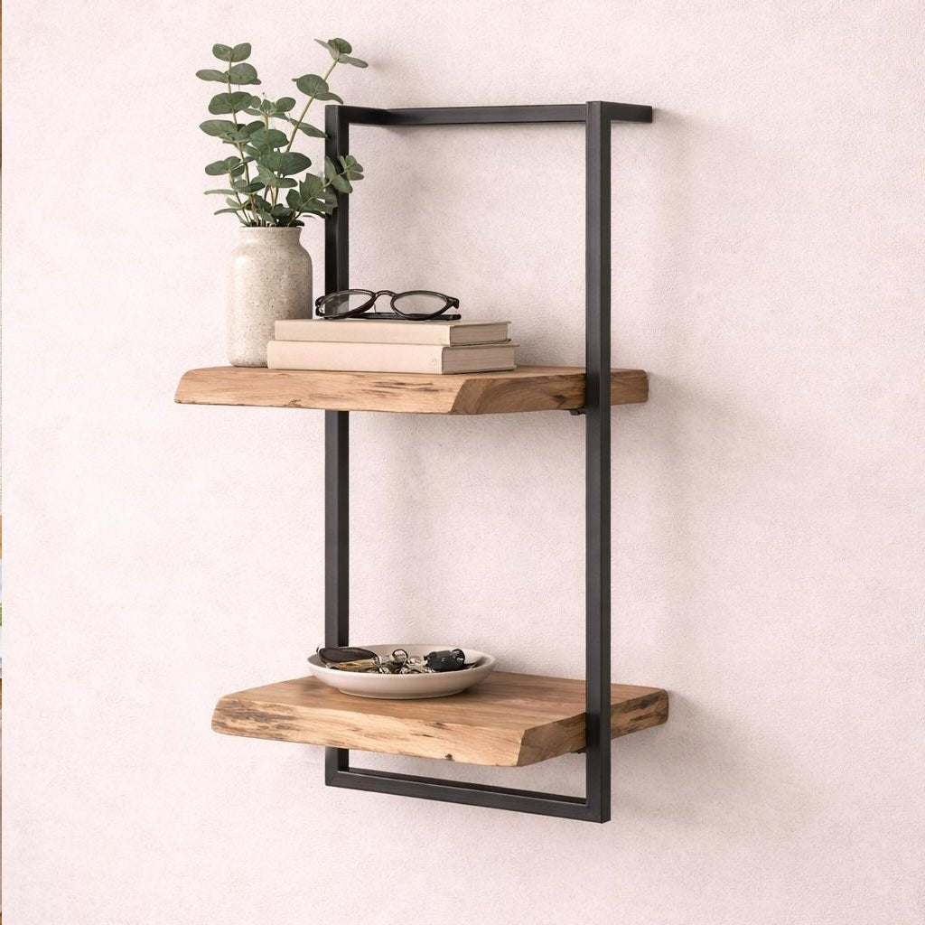 Wandplank – Massief acaciahout met vintage stalen frame voor de woonkamer of hal
