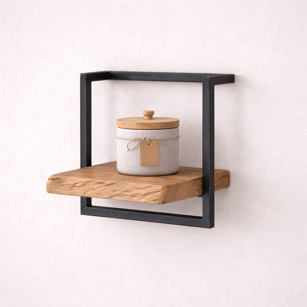 Wandplank – Massief acaciahout met vintage stalen frame voor de woonkamer of hal