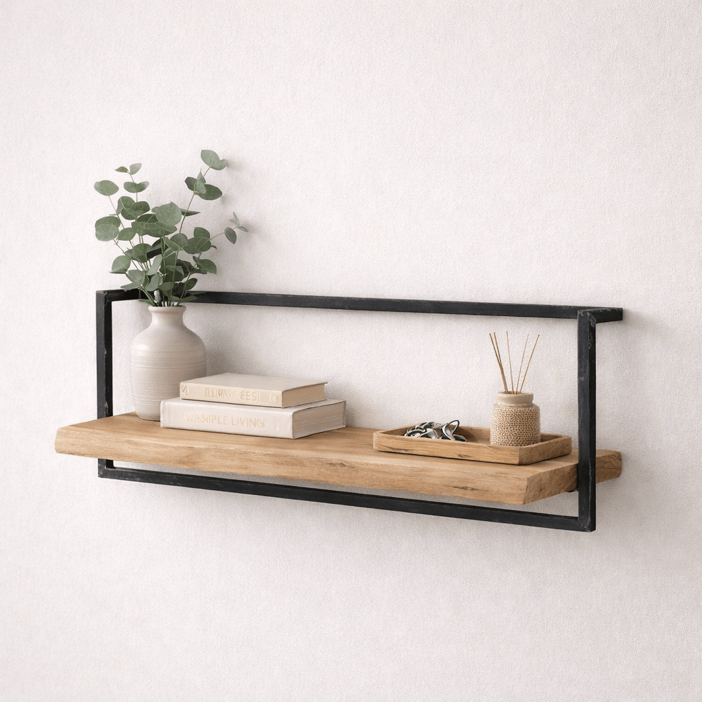 Wandplank – Massief acaciahout met vintage stalen frame voor de woonkamer of hal
