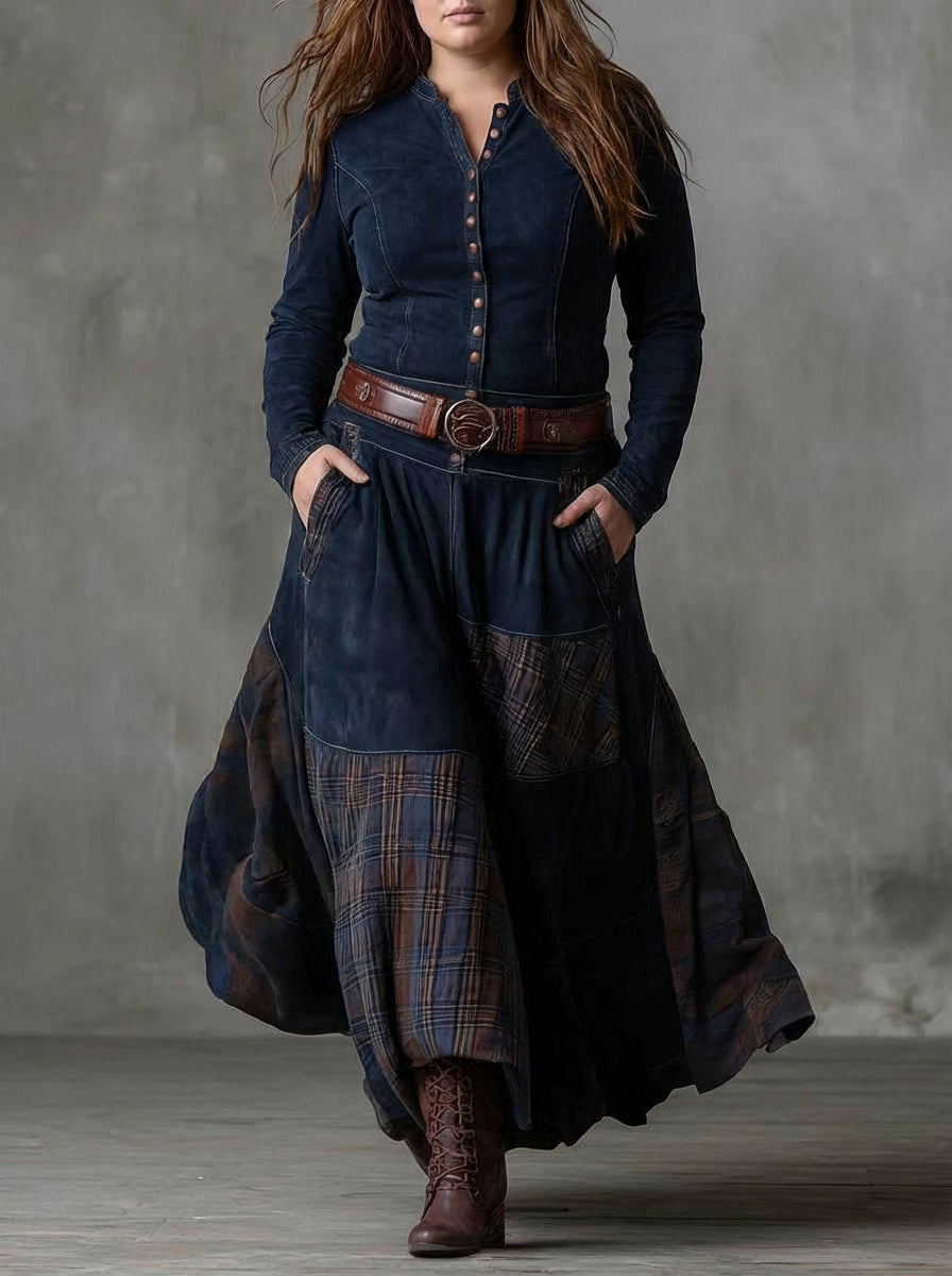 Robe Longue Femme Vintage en Suédine à Carreaux avec Ceinture