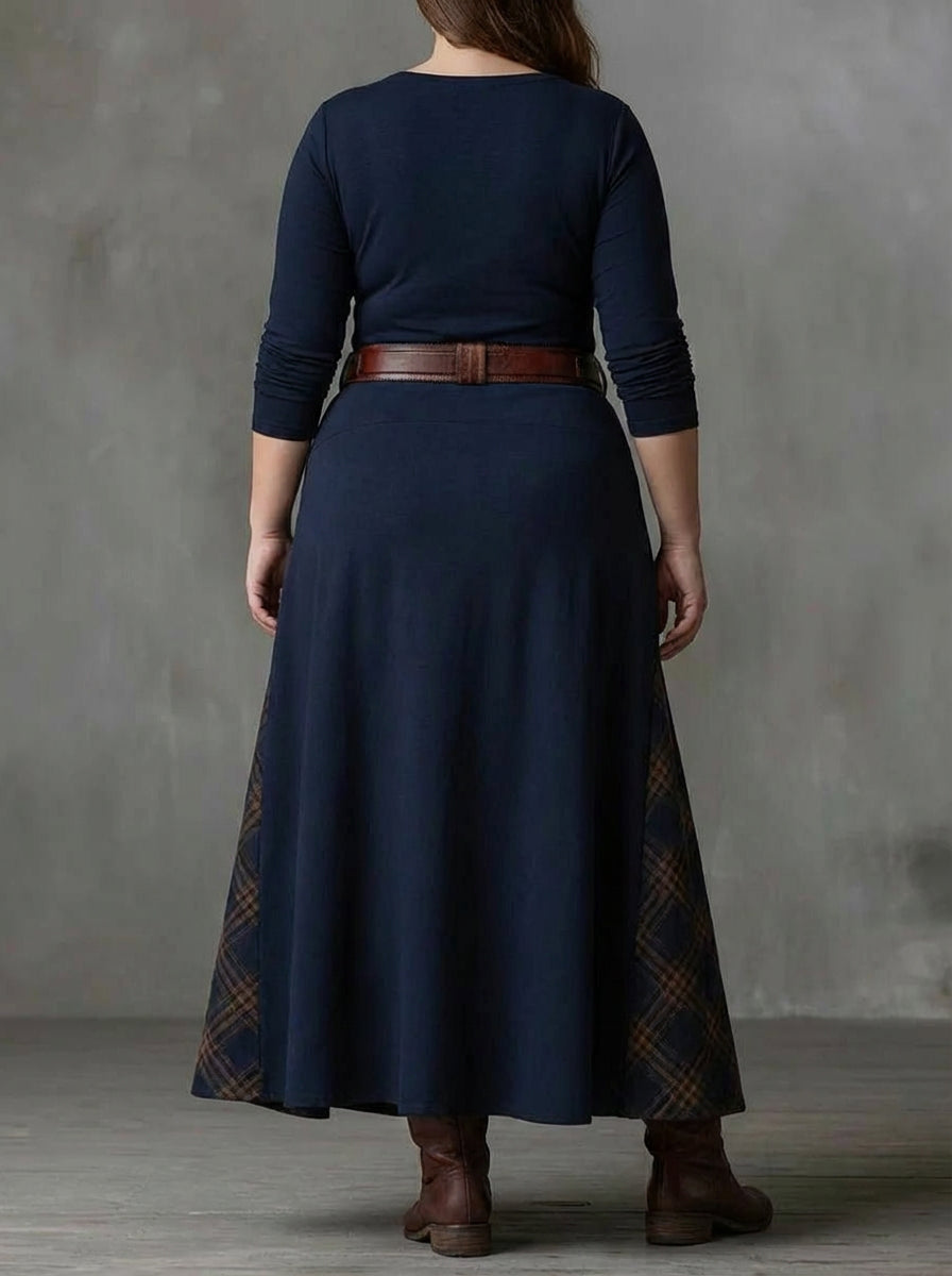 Robe Longue Femme Vintage en Suédine à Carreaux avec Ceinture