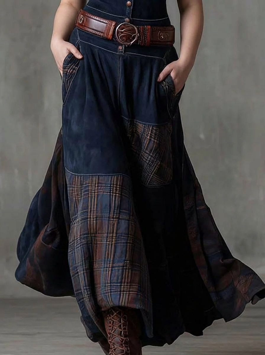 Robe Longue Femme Vintage en Suédine à Carreaux avec Ceinture