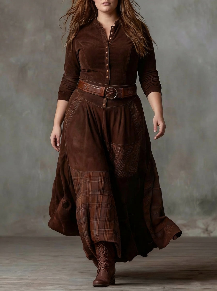 Robe Longue Femme Vintage en Suédine à Carreaux avec Ceinture